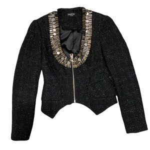 Bebe Metallic Silver and Black Tweed Blazer with Gold Neck Detail